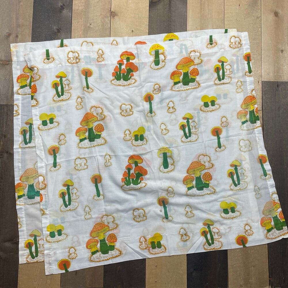 Vintage Sears Merry Mushroom Kitchen Curtains Two Panels 1970's - Approx: 29x32"